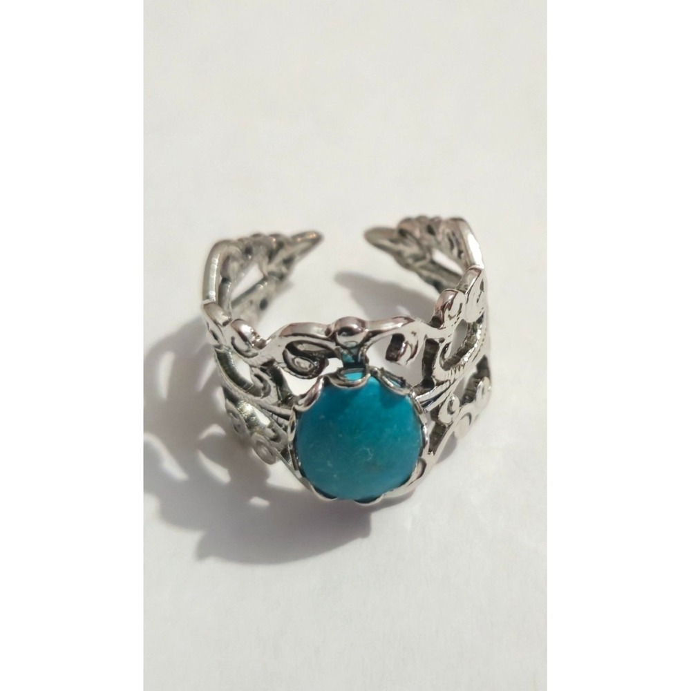 Vintage Style Adjustable Turquoise Filigree Open Ring Silver Tone Size 6-7